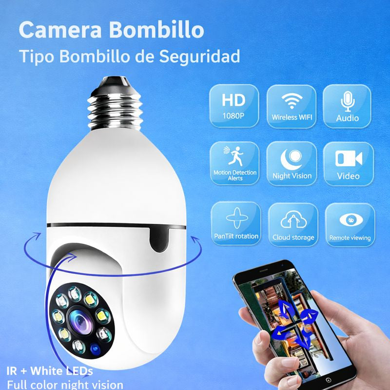 Cámara de Seguridad Tipo Bombillo | Visión 360° y WiFi