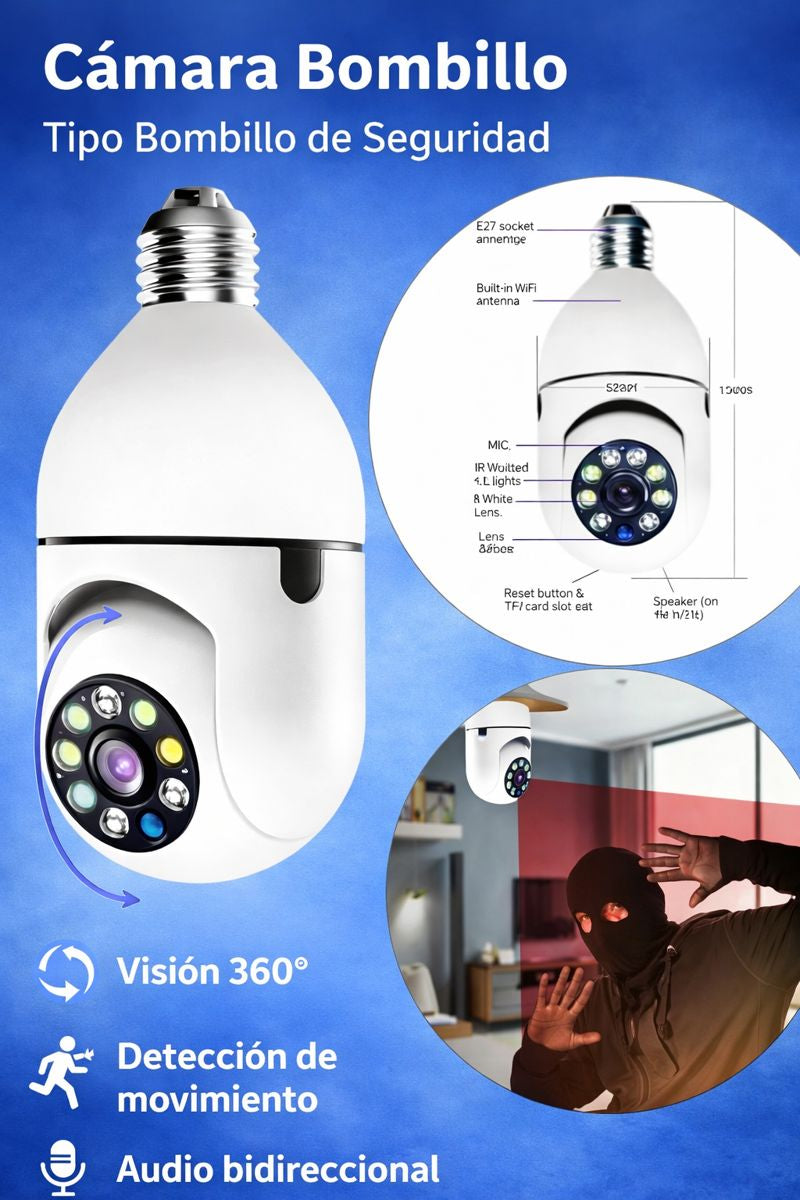 Cámara de Seguridad Tipo Bombillo | Visión 360° y WiFi