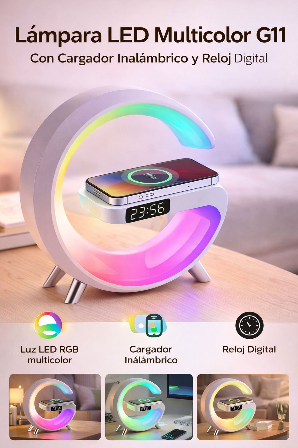 Lampara led multicolor con cargador inalámbrico